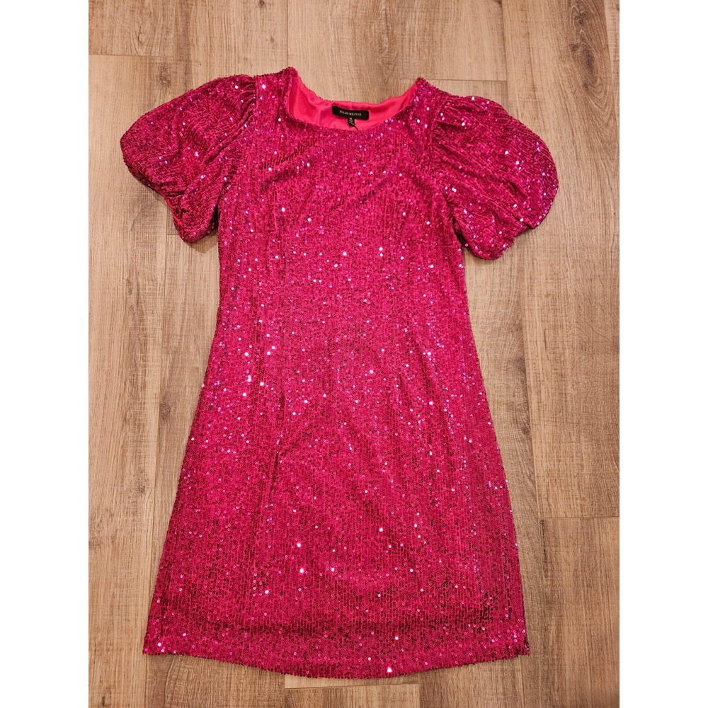 Ellen Weaver Pink Sequin Puff Sleeve Mini Dress M Party Glam Statement NWT